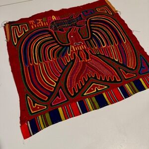 Handmade Mola Art Textile Panel Eagle Fish Red Folk Art Wall‎ Decor